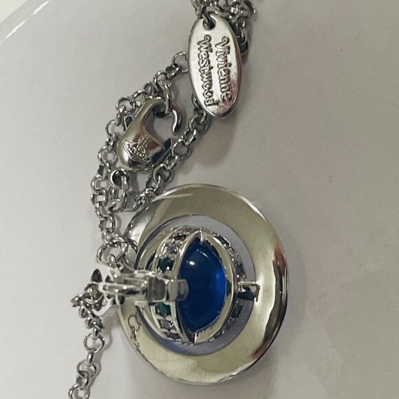 New Silver Vivienne Westwood Glacier Blue Saturn Orb Long chain Necklace - Picture 6 of 7